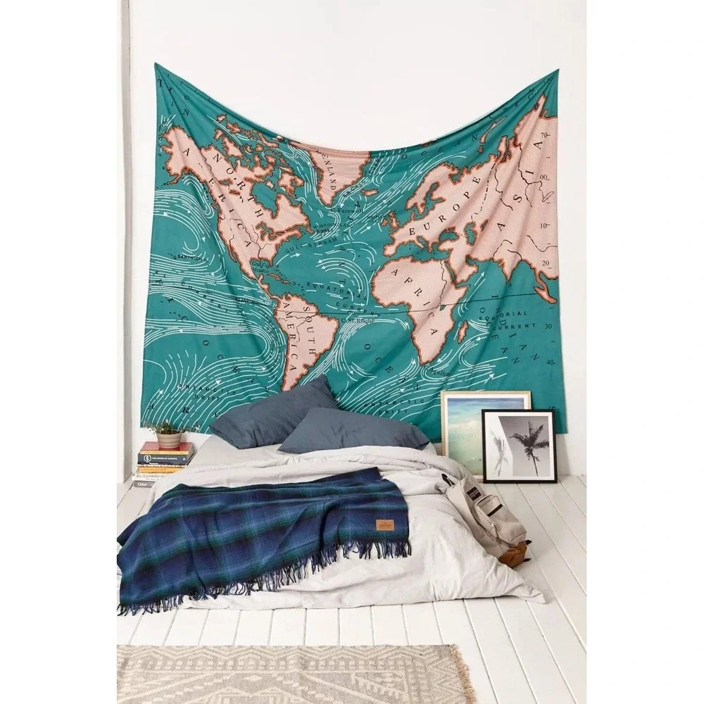 Urban Outfitters 4040 Locust World Map Tapestry Wall‎ Hanging Teal Pink 84X100